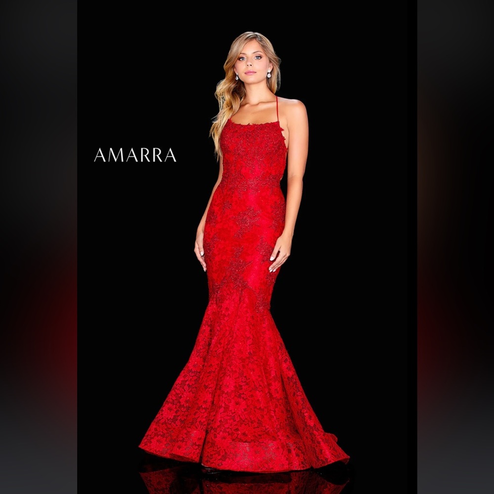 AMARRA Mermaid Lace Trumpet Neck Strappy Open Back Beautiful Dress Red 2 #0058